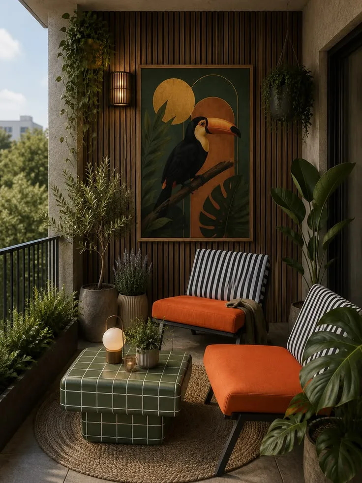 Modern Tropical: Pflanzen, Holz und ein farbiger Blickfang