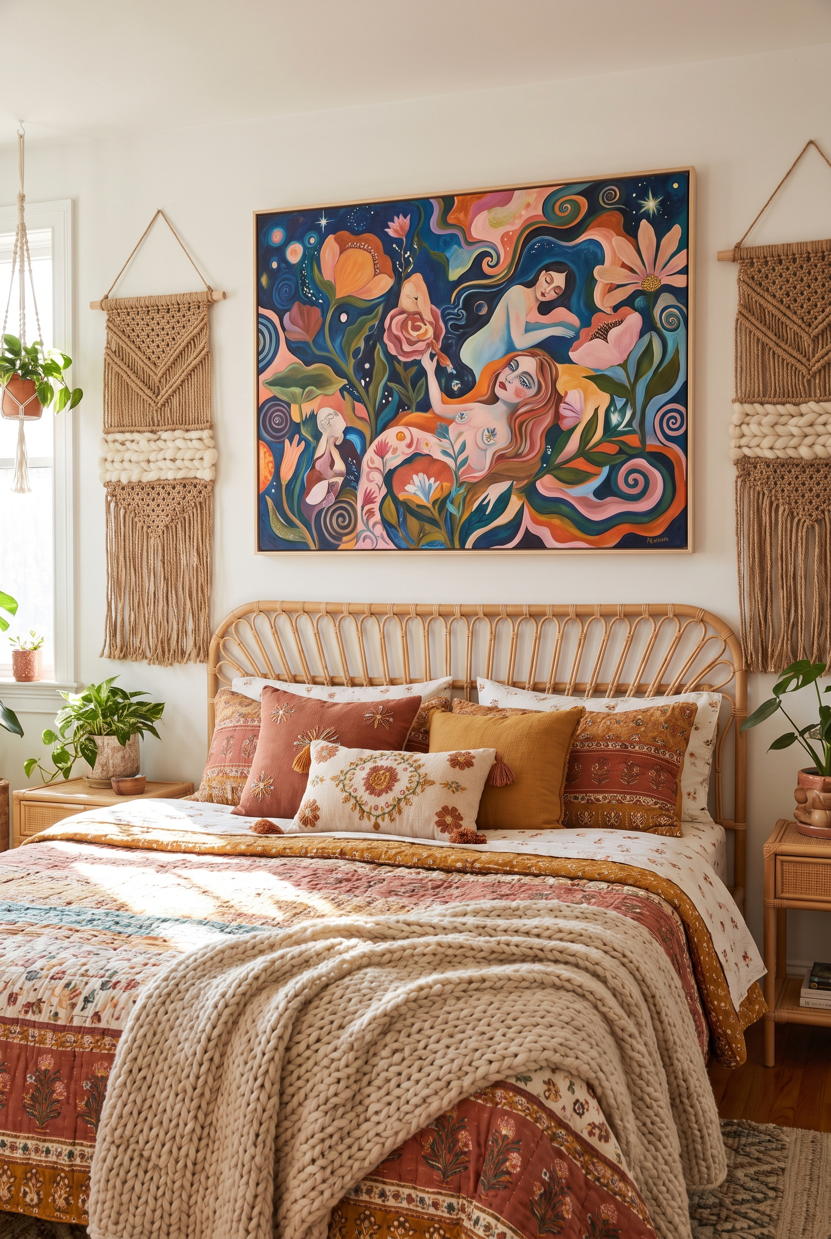 Pop-Surrealismus-Gemälde im Boho-Schlafzimmer