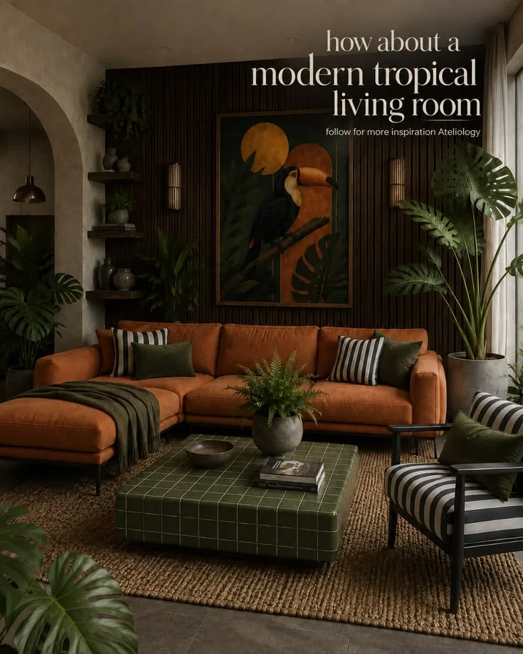 Zweite vorhandene Ateliology-Perspektive des orange-grünen Tropical-Wohnzimmers