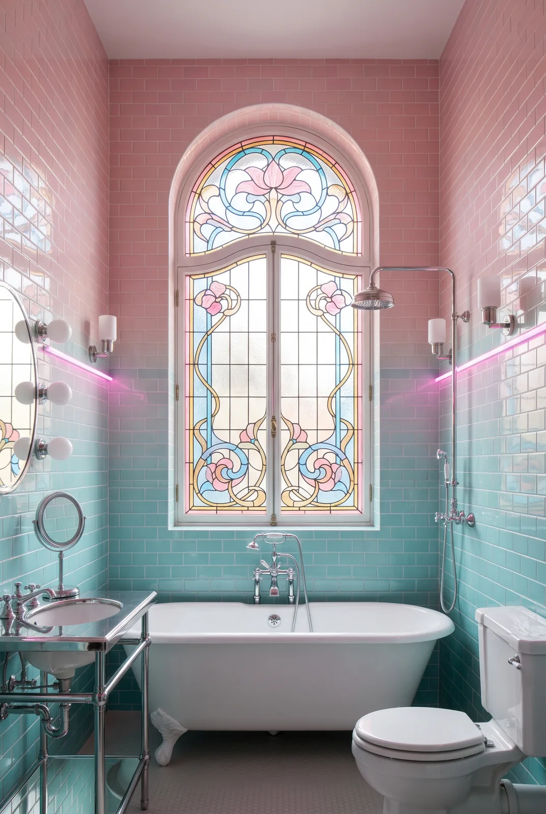 Vaporwave-Badezimmer mit Art-Nouveau-Fenster