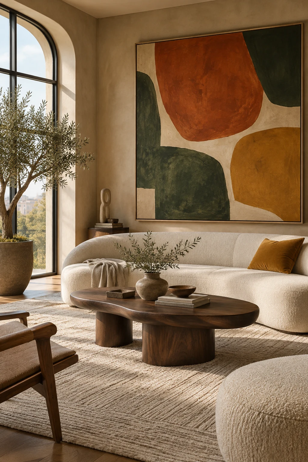 Modern-Organic-Wohnzimmer mit großer Kunst und weichen Formen